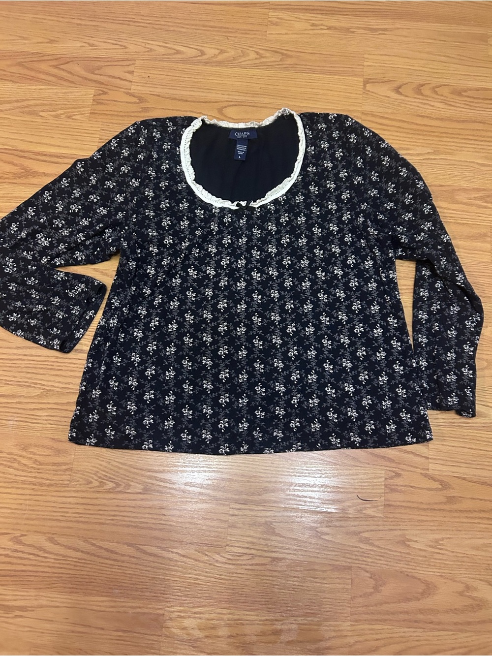 Chaps Black Floral Long-Sleeve Scoop Neck Top with White Lace Trim